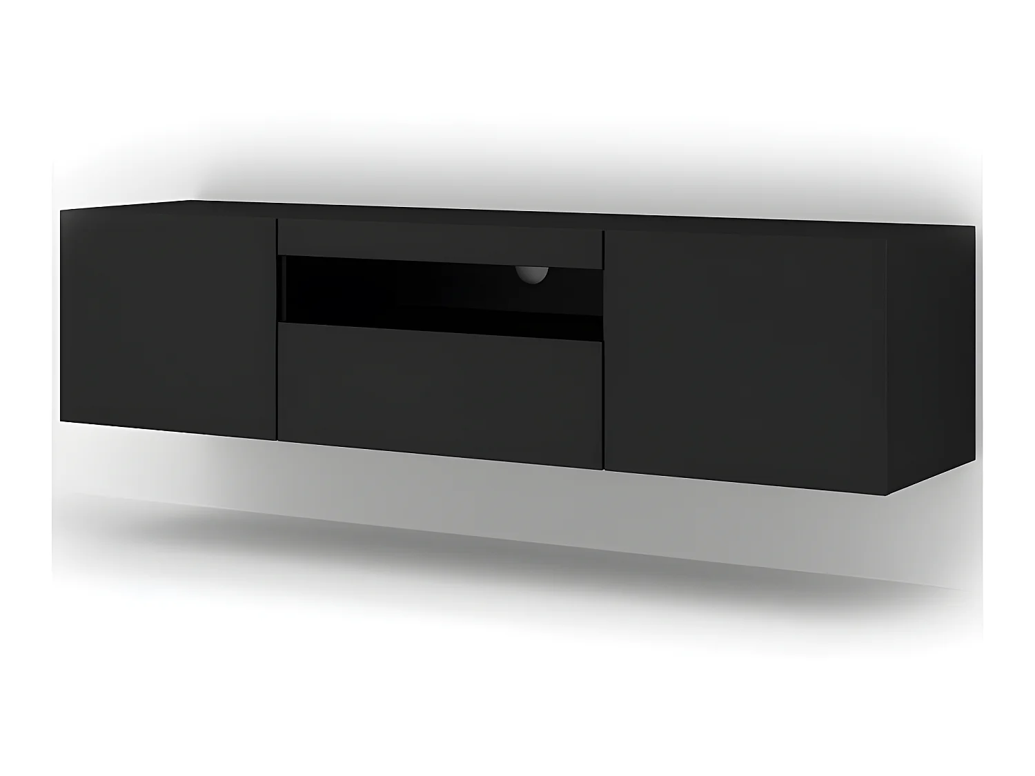 Meuble TV Noir Mat sans LED 150x42x37cm Aura meuble sur pied ou a suspendre meuble Hi-fi