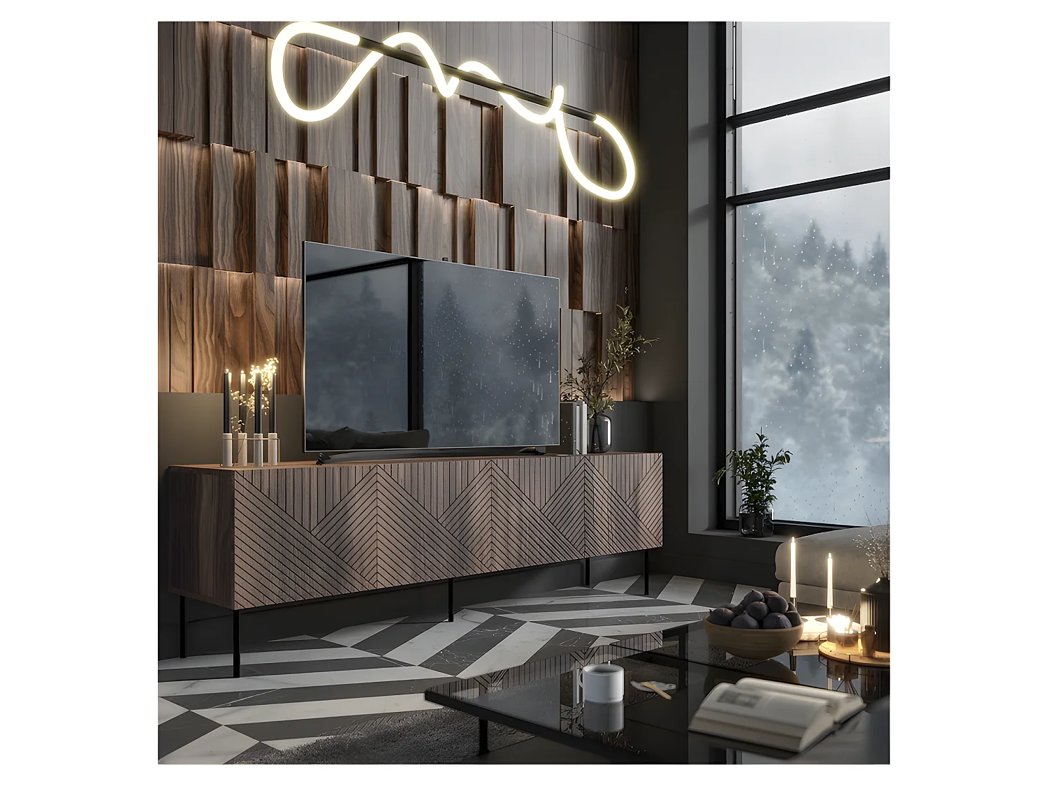 Meuble TV 190x58x40 cm couelur Noix NOCO meuble Hi-fi luxueux sur pieds noir avec 4 portes