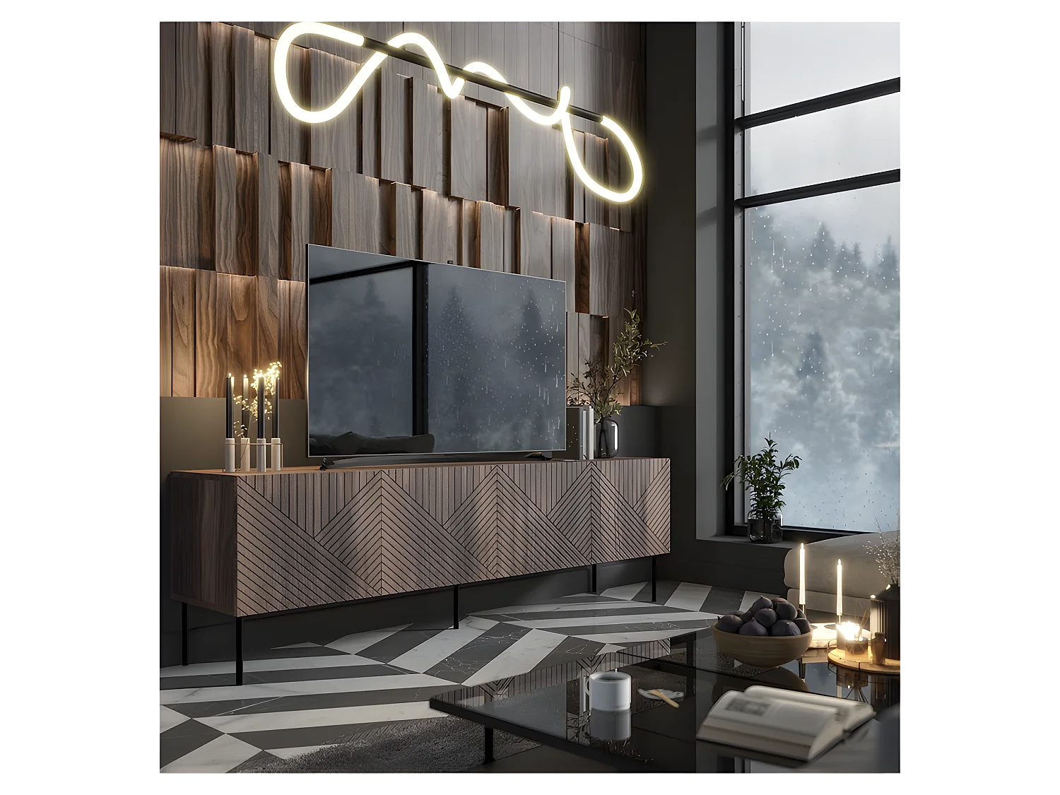 Meuble TV 190x58x40 cm couelur Noix NOCO meuble Hi-fi luxueux sur pieds noir avec 4 portes