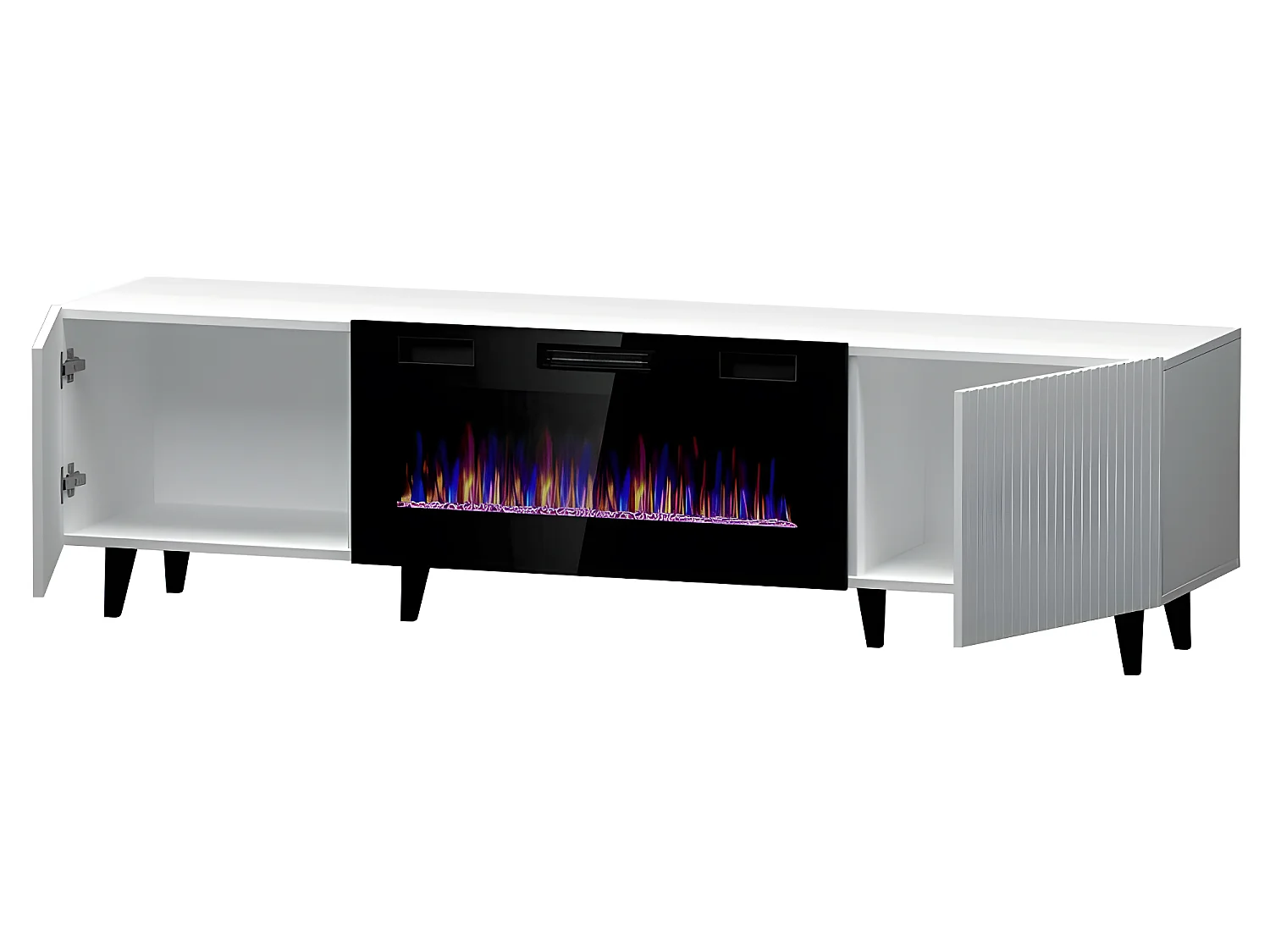 Meuble TV Blanc 180x49x40cm Avec Cheminée chauffante intégrée PALACE sur pieds