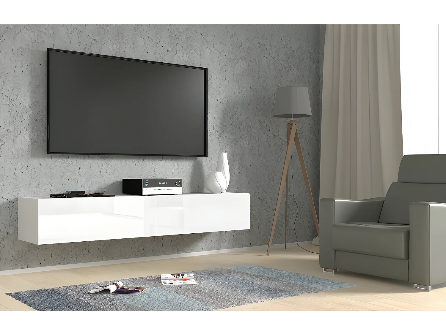 Meuble TV Mural blanc brillant 180x40x30 cm Bingo meuble Hi-fi sideboeard commode à suspendre