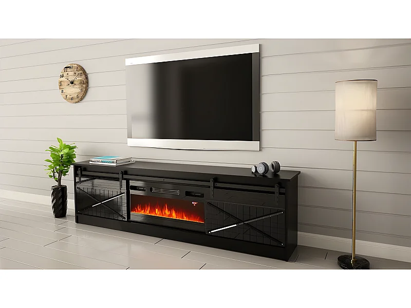 Meuble TV 200x57x35 cm Noir brillant GRANGE Avec Cheminée chauffante intégrée meuble Hi-fi  à poser