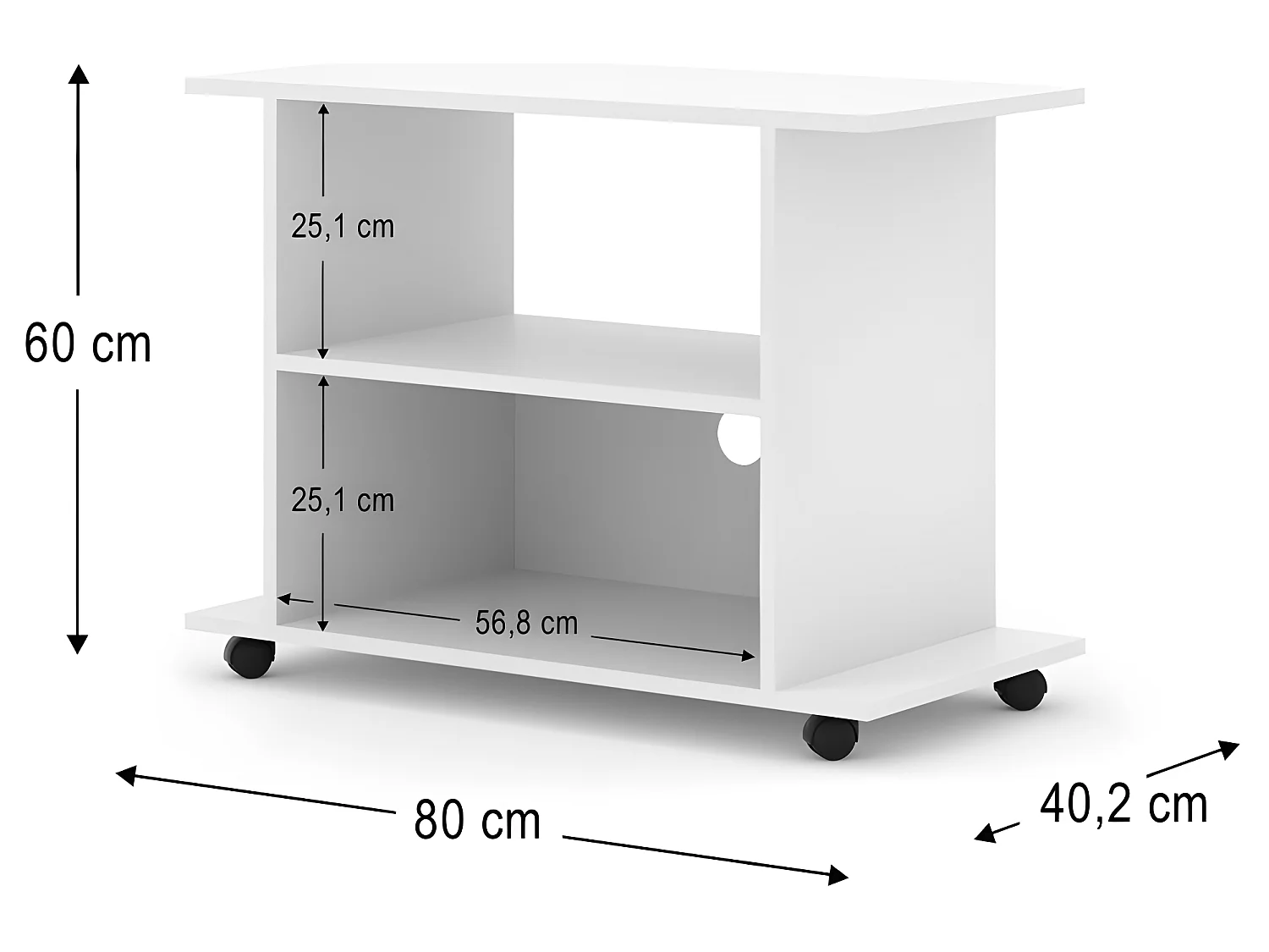 Meuble TV Commode TV Yogi Blanc 60x80x40cm (HxlxP) 2étagères avec roues design moderne de haute qualité