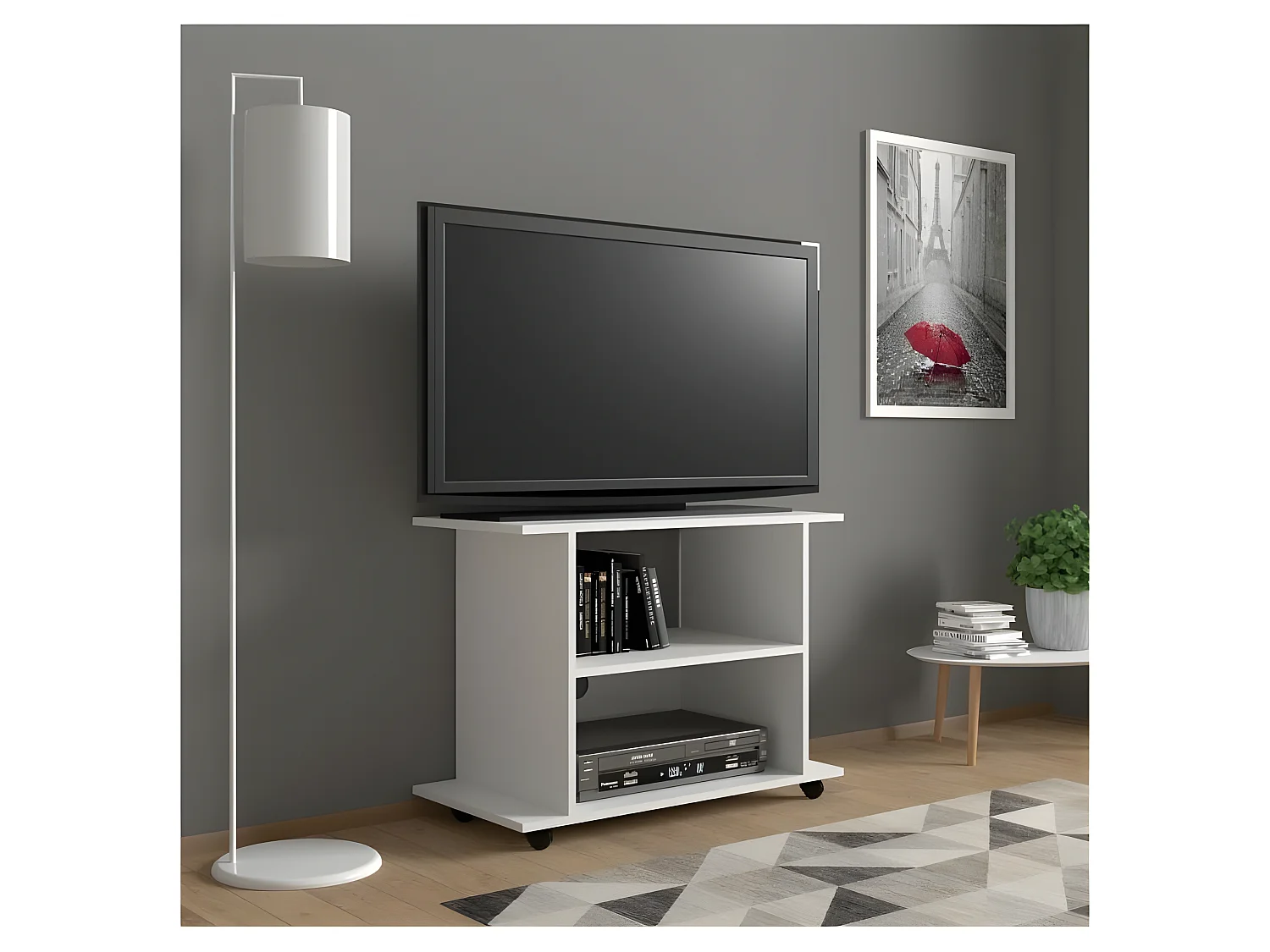 Meuble TV Commode TV Yogi Blanc 60x80x40cm (HxlxP) 2étagères avec roues design moderne de haute qualité