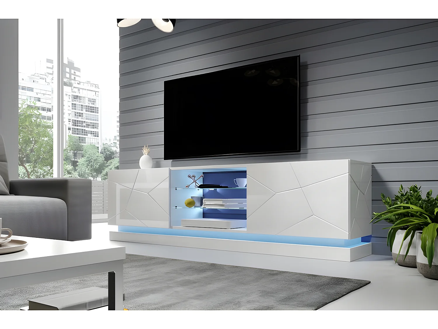 Meuble TV Blanc brillant 200x57x42cm QUEEN meuble Hi-fi luxueux sideboeard commode sur pied