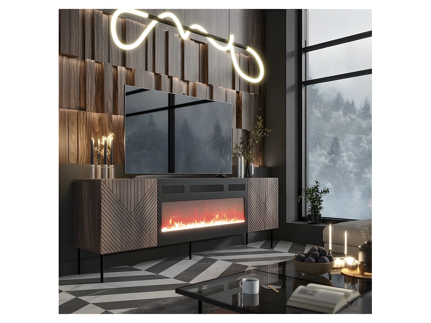 Meuble TV 190x69x40 cm couleur Noix NOCO avec cheminée intégrée noir meuble Hi-fi