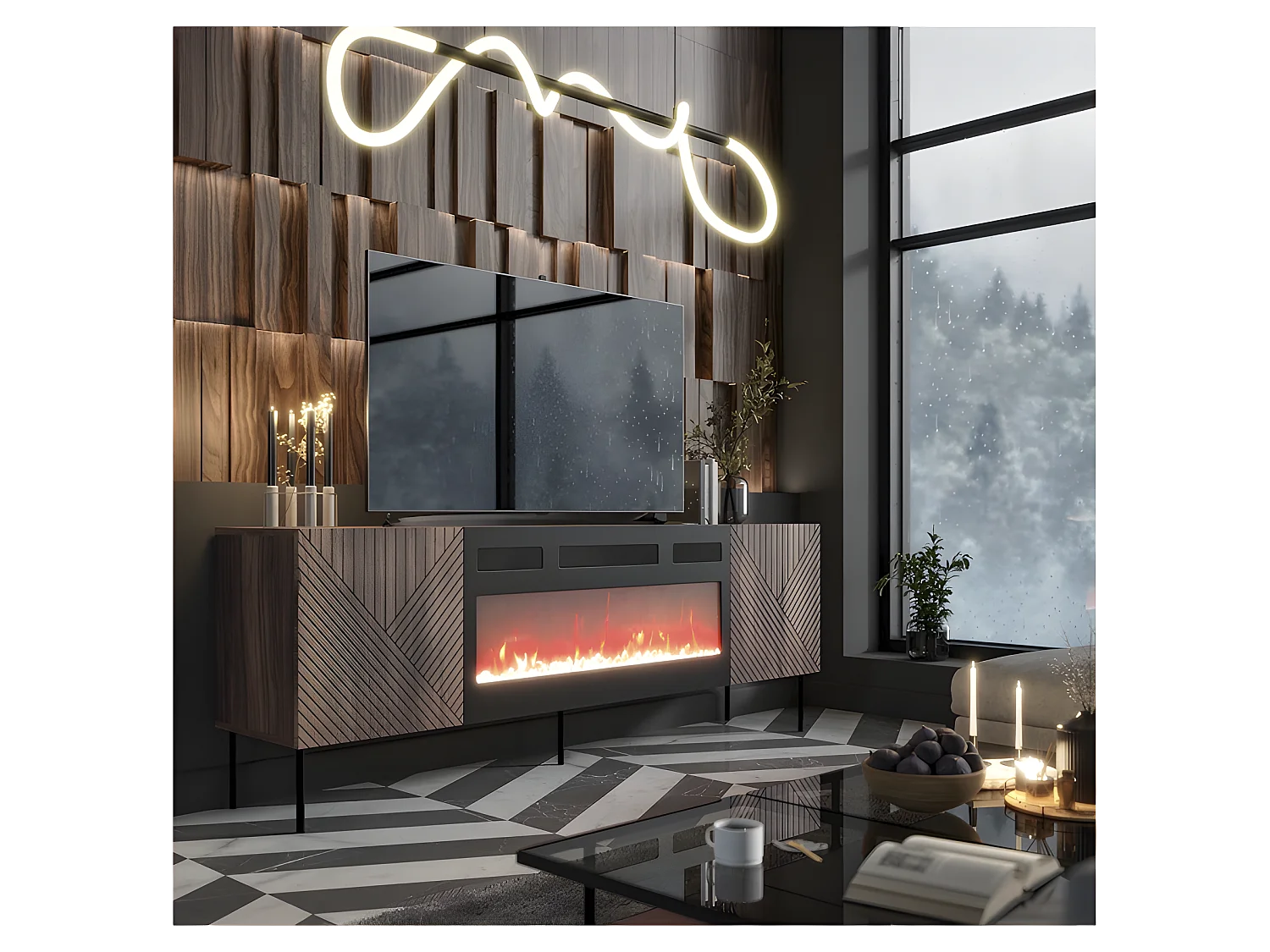 Meuble TV 190x69x40 cm couleur Noix NOCO avec cheminée intégrée noir meuble Hi-fi