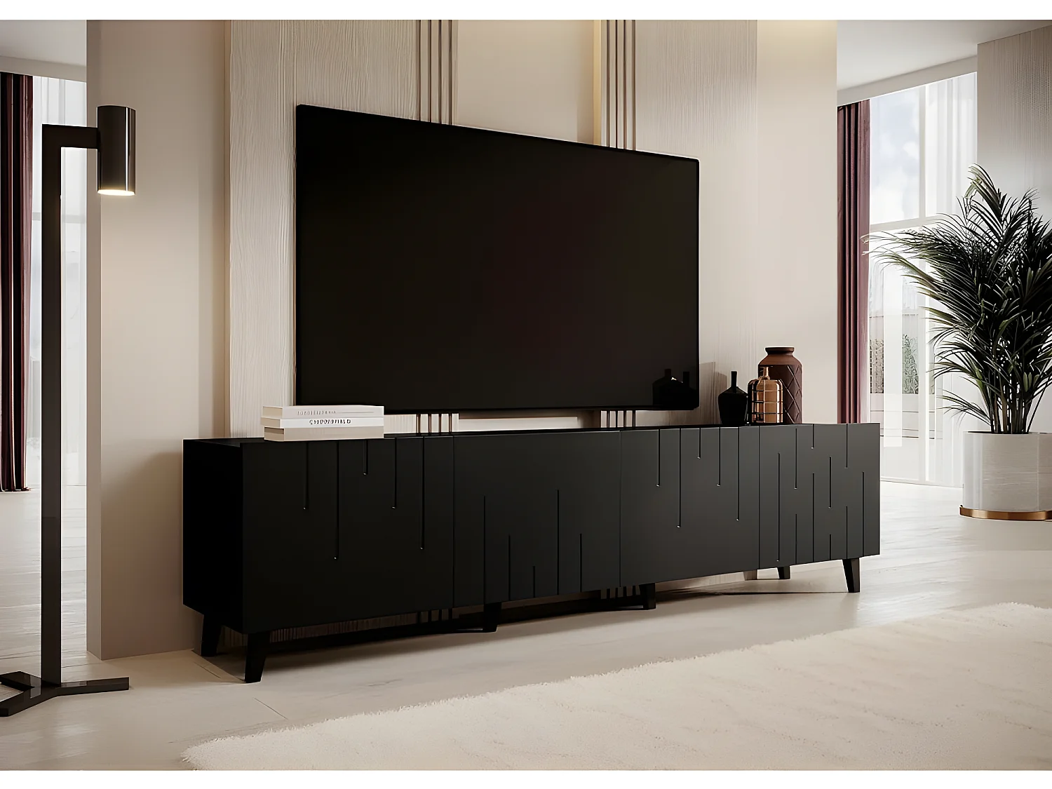 Meuble TV 200x52x42 cm Noir mat MODA meuble Hi-fi luxueux sur pieds noir avec 4 portes