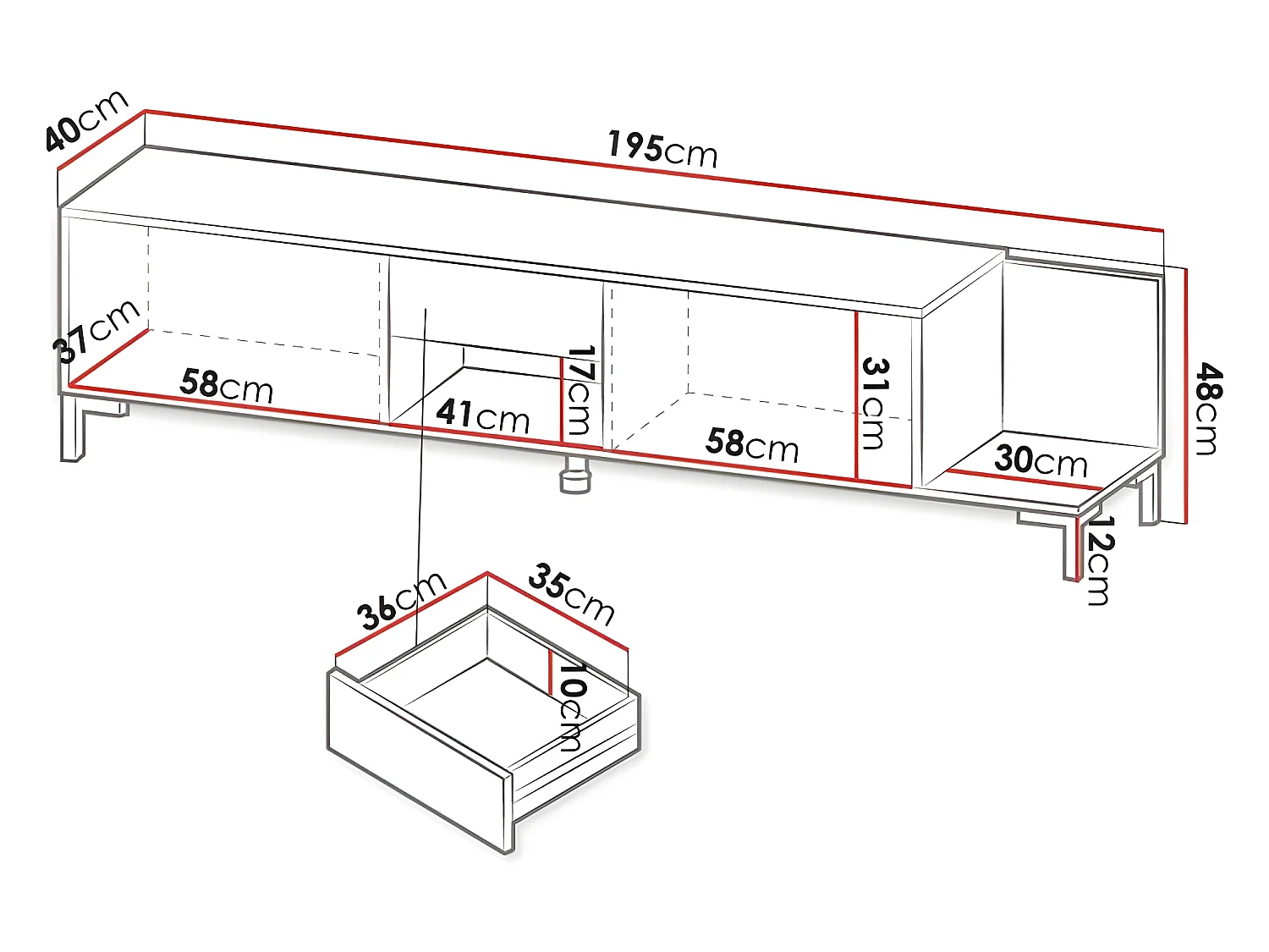 Meuble TV 195x48x40 cm effet Marbre Noir MAMOR meuble Hi-fi luxueux sideboeard sur pied
