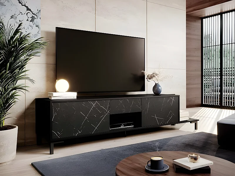 Meuble TV 195x48x40 cm effet Marbre Noir MAMOR meuble Hi-fi luxueux sideboeard sur pied