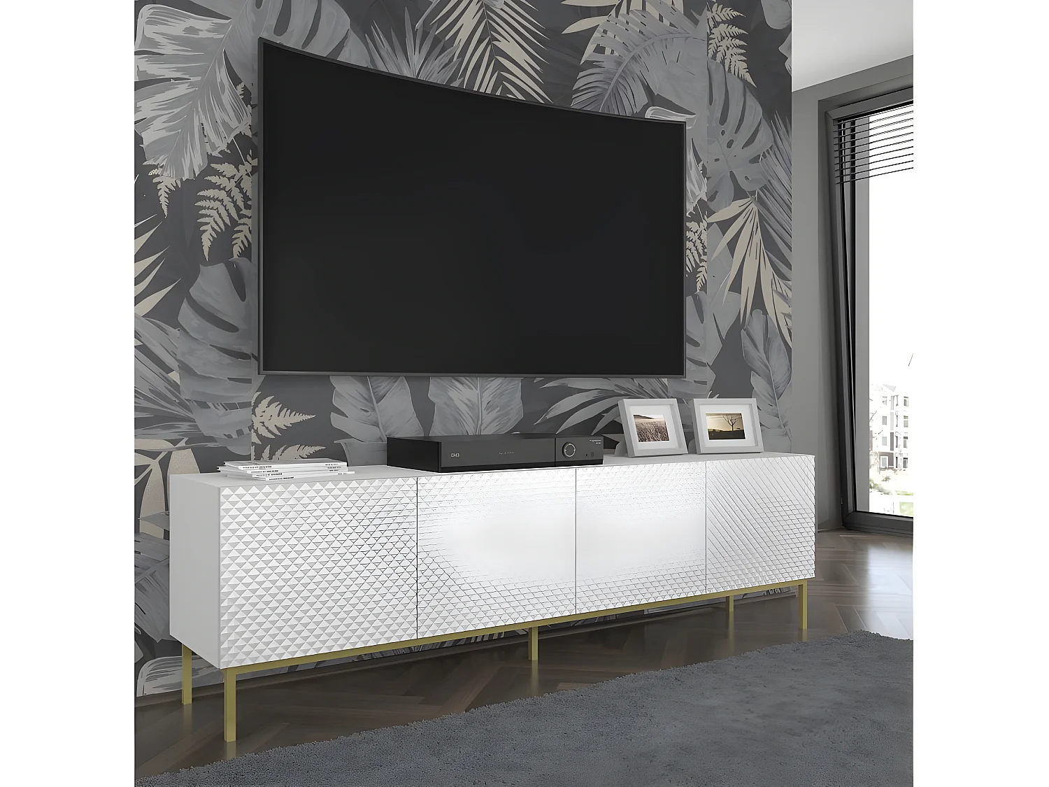 Meuble TV meuble Hi-fi sur pied Blanc Mat 200x42x58cm RAVI C DIAMANT Pied Cadré or