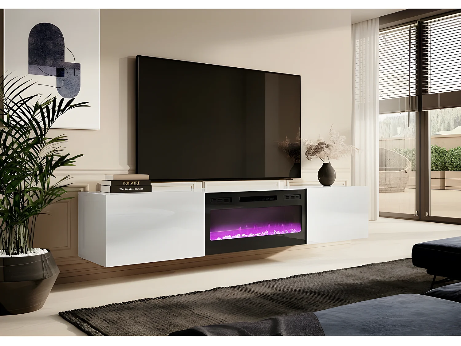 Meuble TV Blanc brillant 200x37x40cm Avec Cheminée chauffante intégrée SLIKA K à suspendre