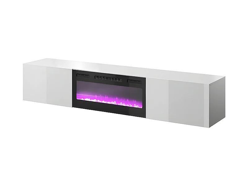 Meuble TV Blanc brillant 200x37x40cm Avec Cheminée chauffante intégrée SLIKA K à suspendre