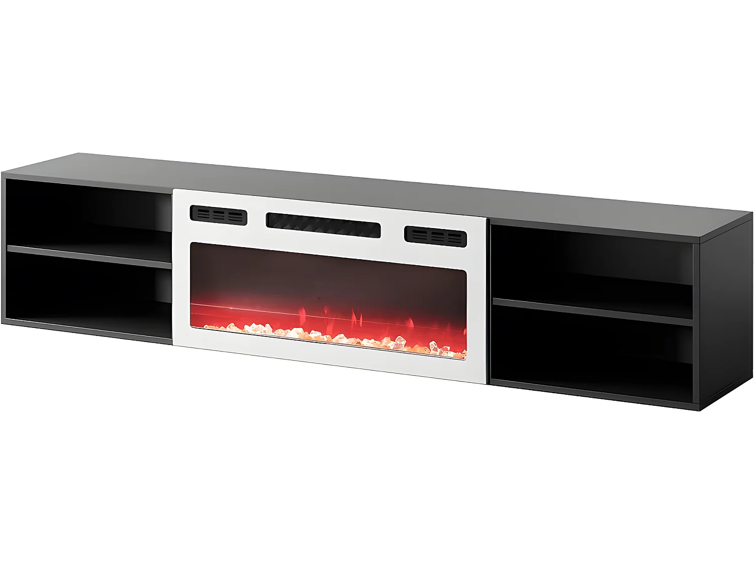 Meuble TV 200x51x33 cm noir mat ROLLI avec cheminée intégrée noir meuble Hi-fi à susprendre ou á poser