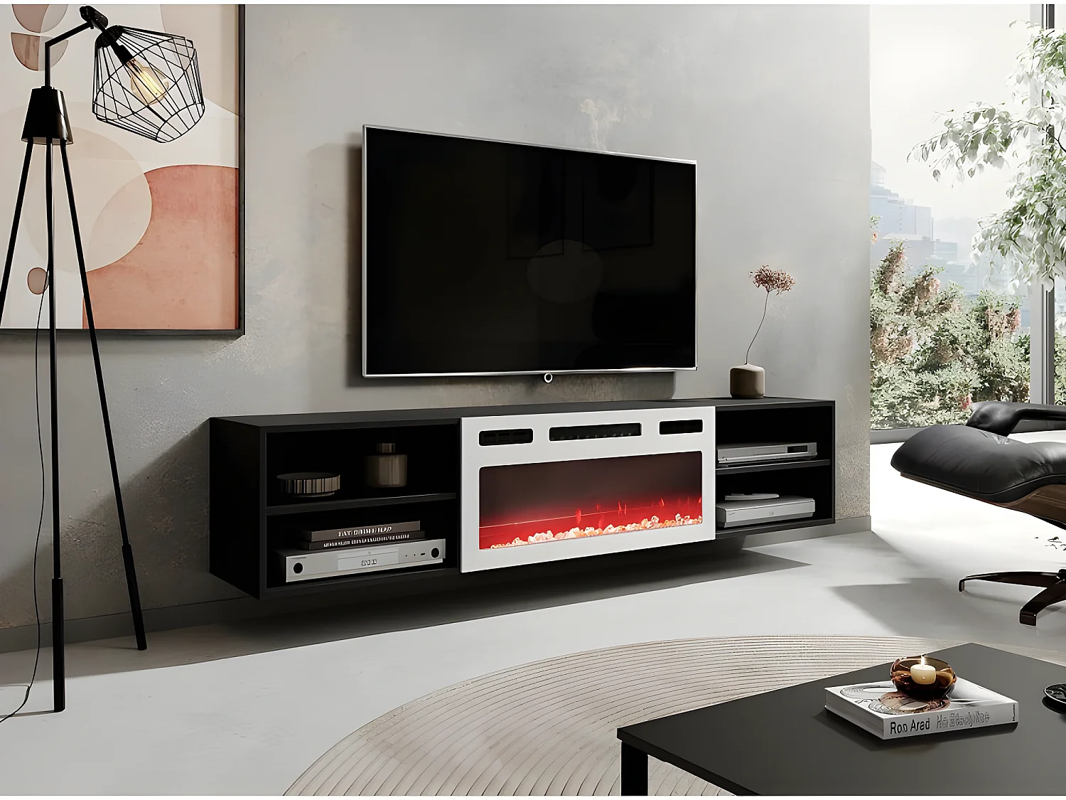 Meuble TV 200x51x33 cm noir mat ROLLI avec cheminée intégrée noir meuble Hi-fi à susprendre ou á poser