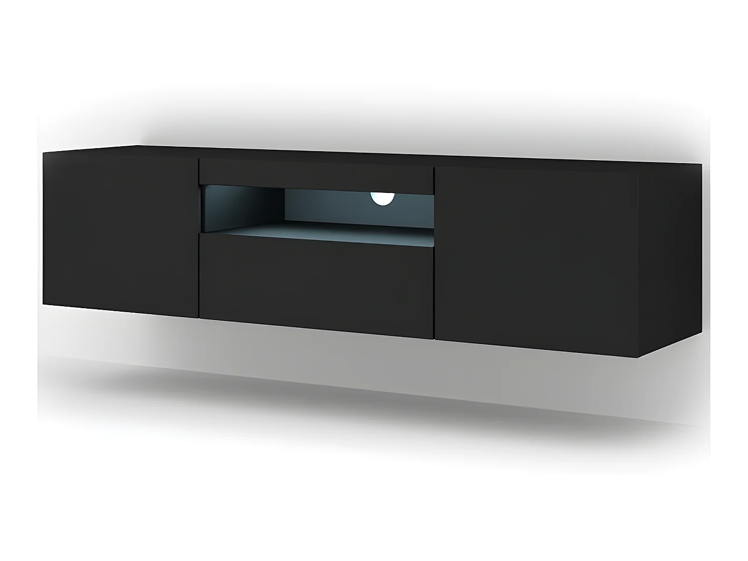 Meuble TV Noir Mat Avec LED 150x42x37cm Aura meuble sur pied ou a suspendre meuble Hi-fi