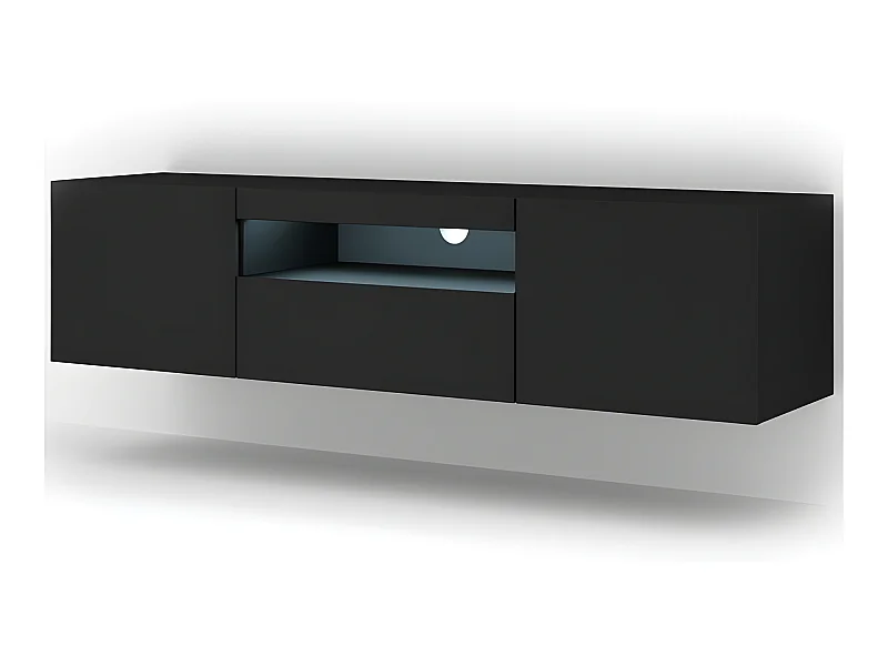 Meuble TV Noir Mat Avec LED 150x42x37cm Aura meuble sur pied ou a suspendre meuble Hi-fi