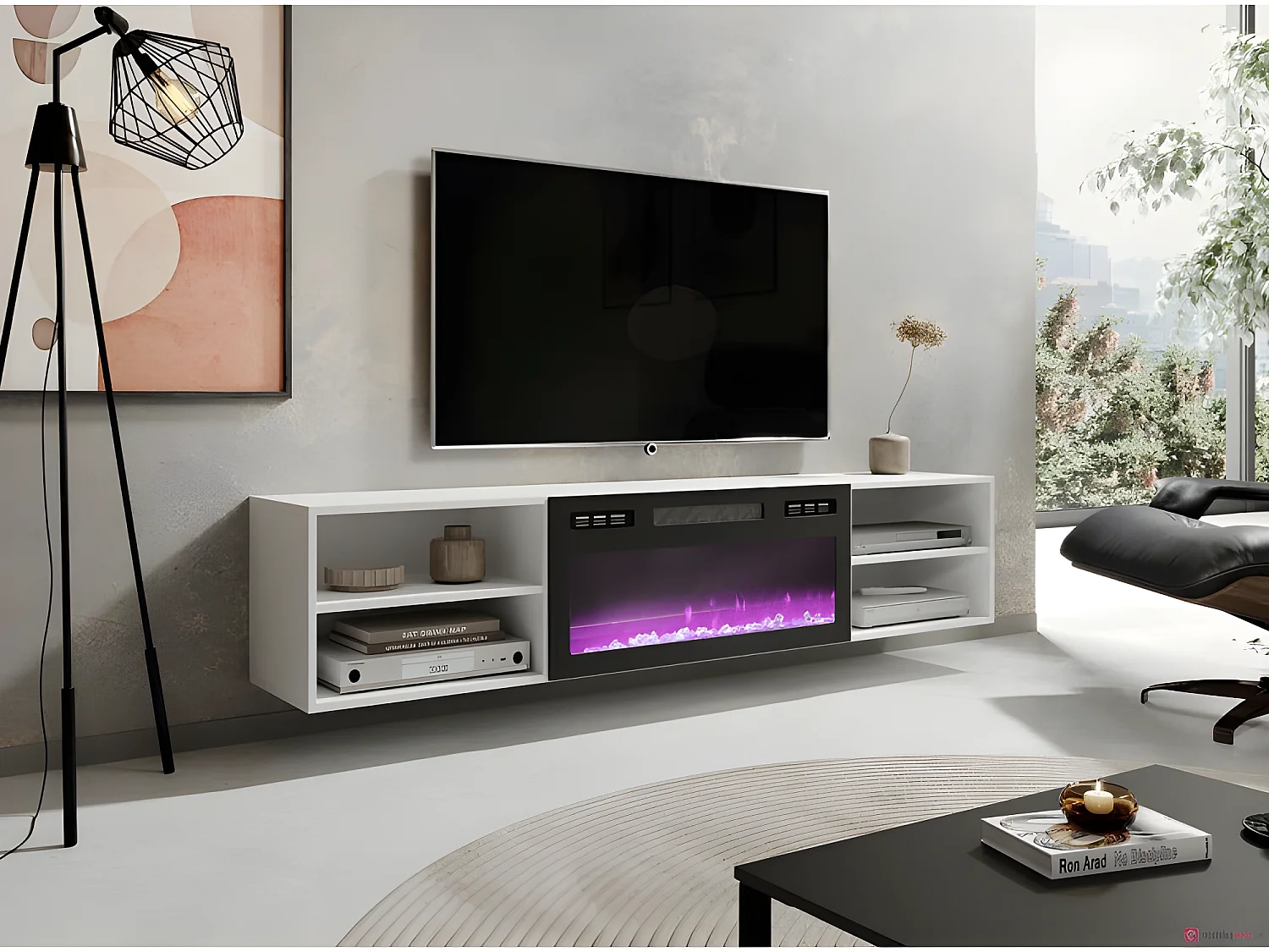 Meuble TV 180x39x33 cm blanc mat ROLLI avec cheminée intégrée noir meuble Hi-fi à susprendre ou á poser