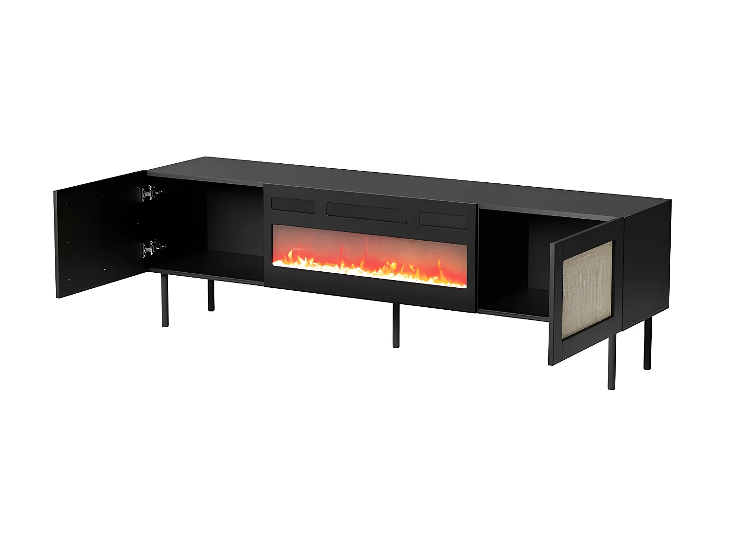 Meuble TV 180x55x40 cm NOIR YOTA avec cheminée intégrée meuble Hi-fi sur pied