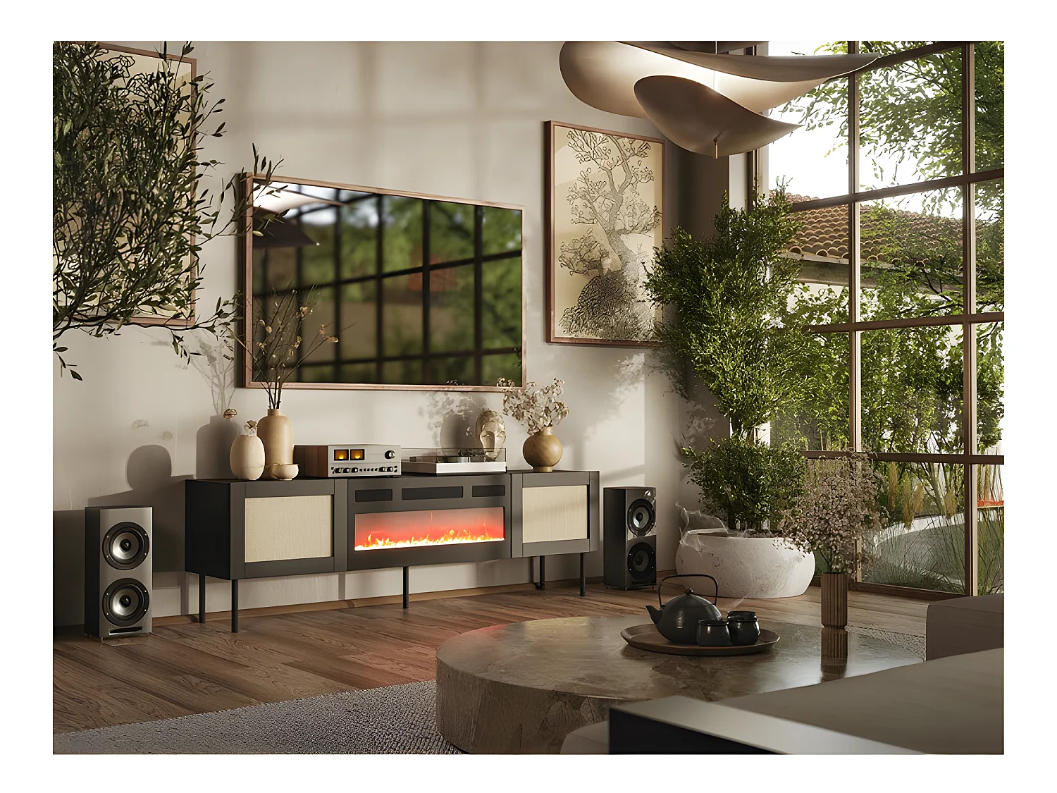 Meuble TV 180x55x40 cm NOIR YOTA avec cheminée intégrée meuble Hi-fi sur pied