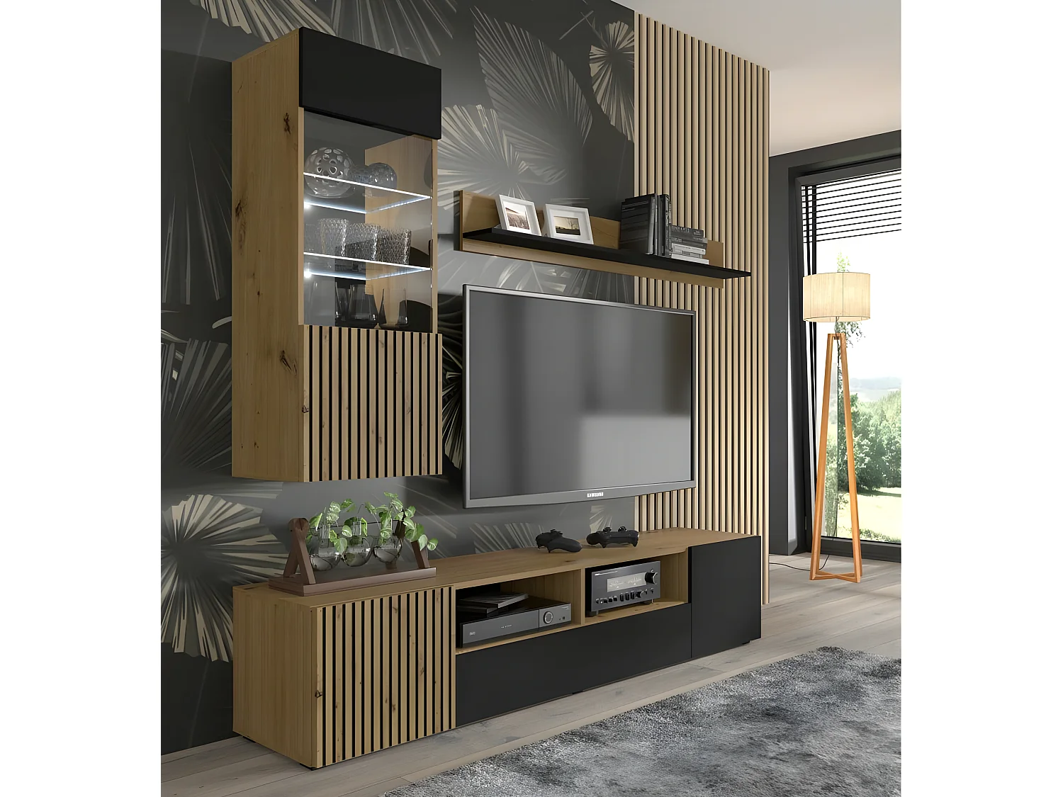 Meuble TV Noir/chêne artisan 200x42x42cm AURIS meuble Hi-fi sideboeard commode sur pied