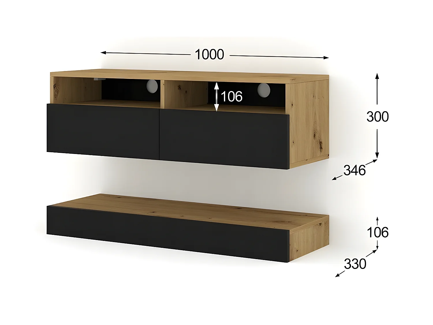 Meuble TV Duo 100 cm suspendu avec étagère Artisan/ Noir avec un design moderne