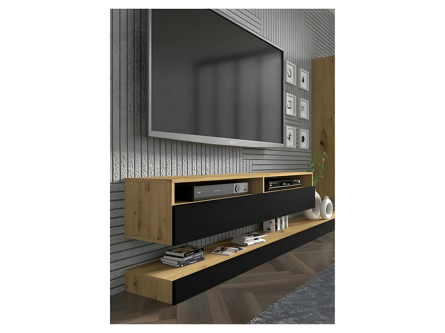 Meuble TV Duo 100 cm suspendu avec étagère Artisan/ Noir avec un design moderne