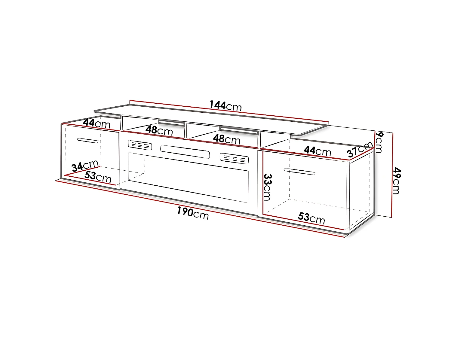 Meuble TV Blanc brillant 190x49x37cm Avec Cheminée chauffante intégrée ROXA à poser