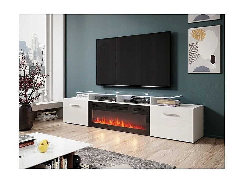 Meuble TV Blanc brillant 190x49x37cm Avec Cheminée chauffante intégrée ROXA à poser