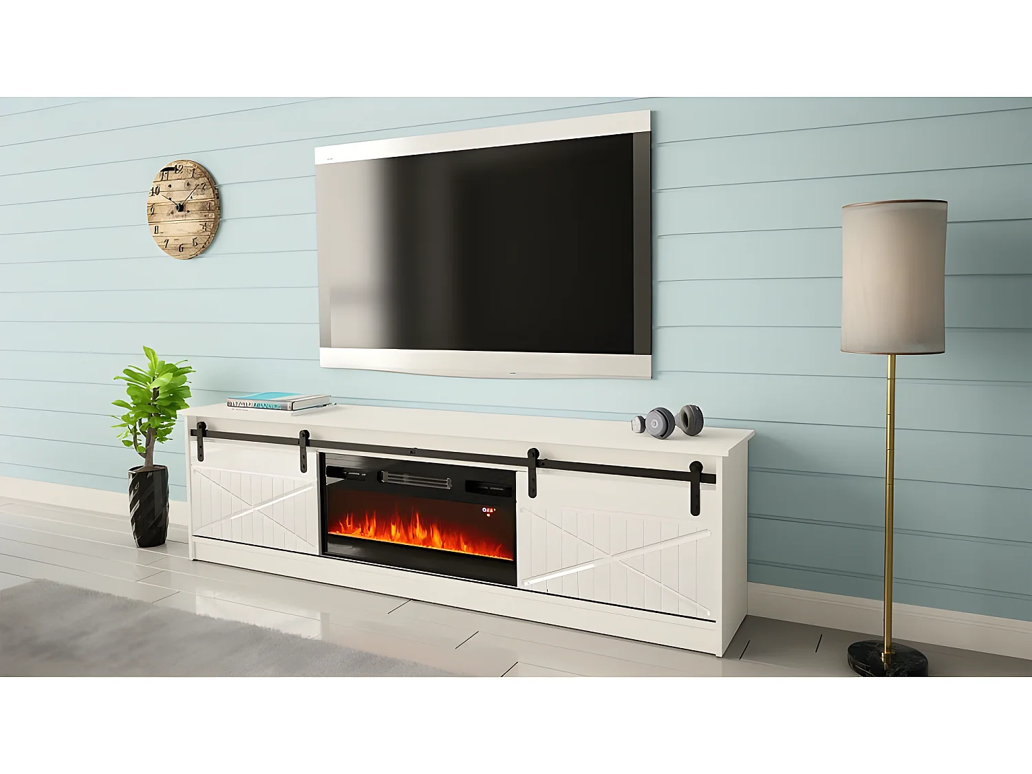 Meuble TV 200x57x35 cm blanc brillant Avec Cheminée chauffante intégrée GRANGE meuble Hi-fi à poser
