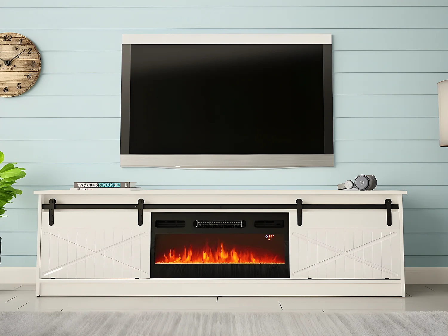 Meuble TV 200x57x35 cm blanc brillant Avec Cheminée chauffante intégrée GRANGE meuble Hi-fi à poser