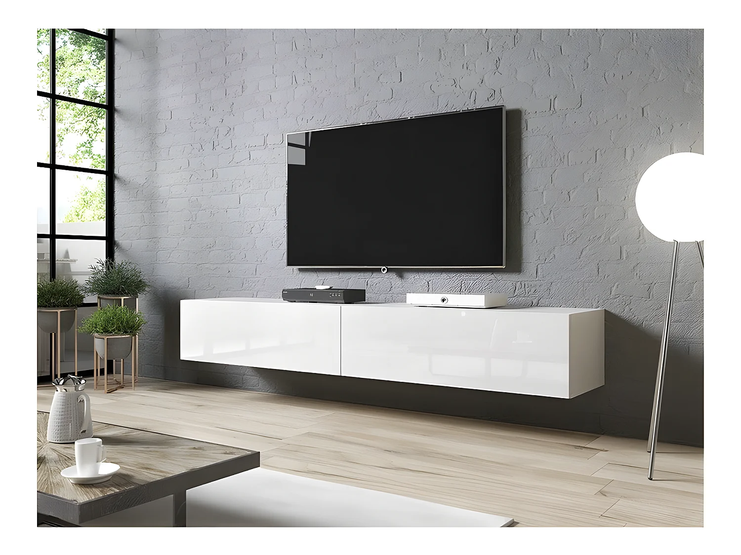 Meuble TV Blanc brillant 200x30x40cm SLIKA à suspendre meuble Hi-fi luxueux sideboeard commode