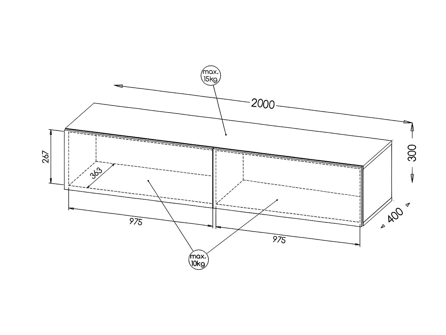 Meuble TV Blanc brillant 200x30x40cm SLIKA à suspendre meuble Hi-fi luxueux sideboeard commode