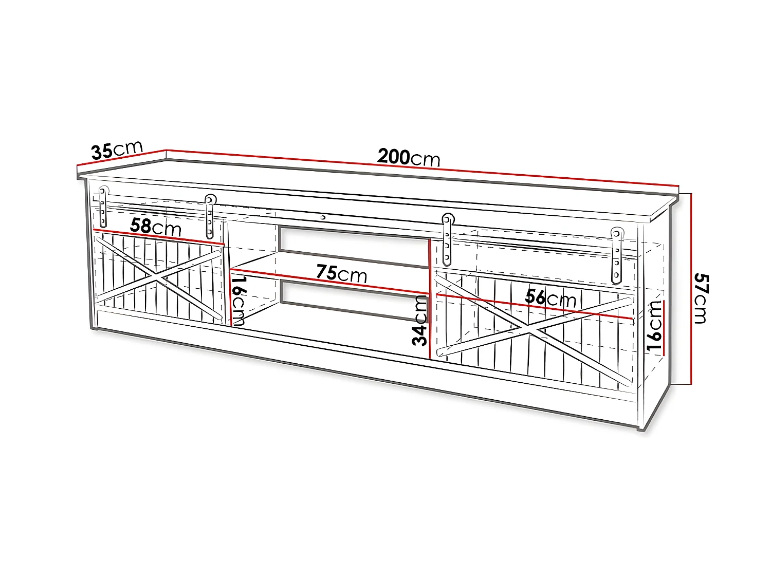 Meuble TV 200x57x35 cm couleur chêne Wotan GRANGE meuble Hi-fi luxueux sideboeard à poser