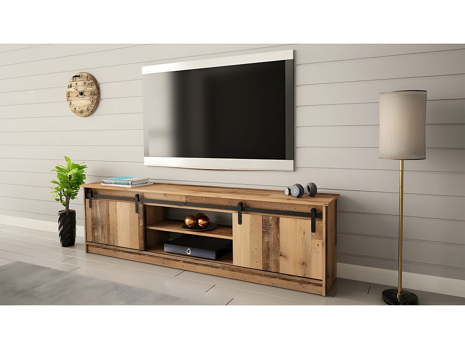 Meuble TV 200x57x35 cm couleur vieux bois GRANGE meuble Hi-fi luxueux sideboeard à poser