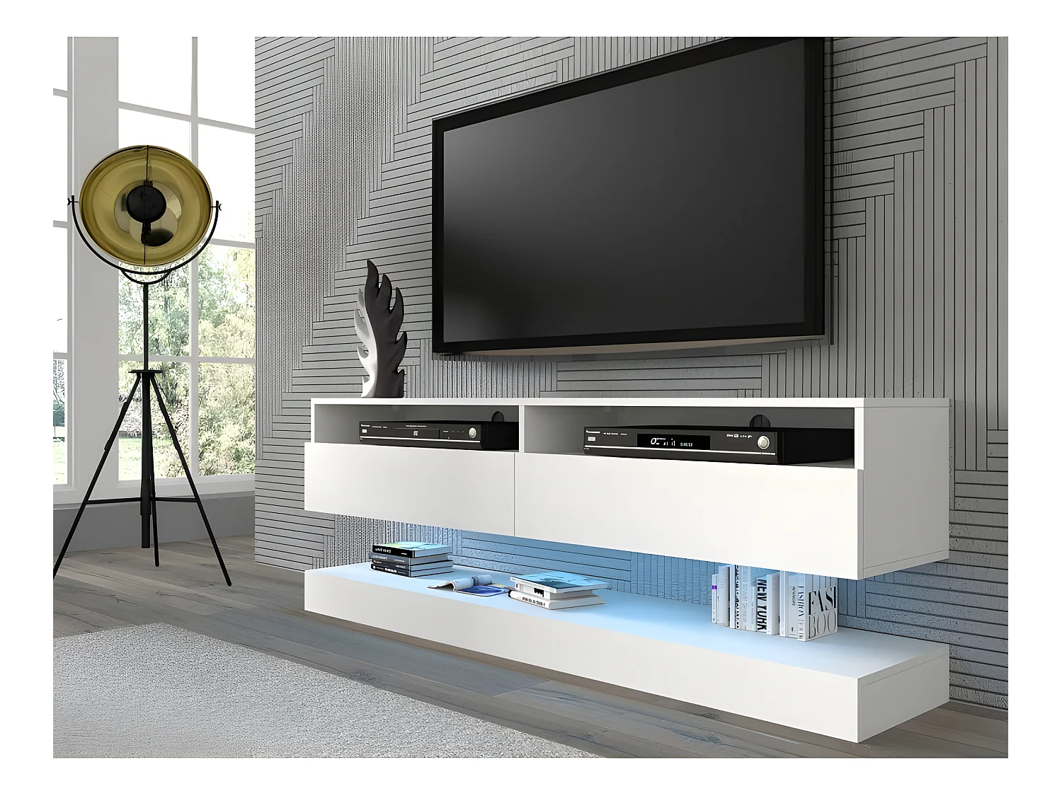 Meuble TV DUO 160 cm suspendu blanc mat sideboeard avec étagère