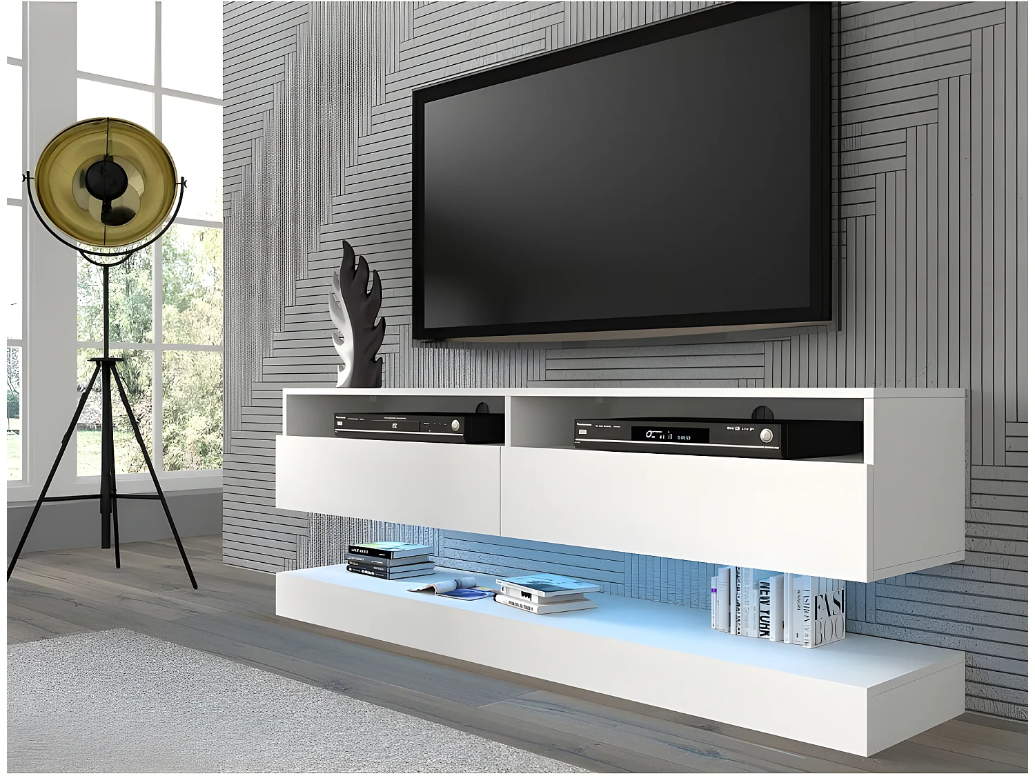 Meuble TV DUO 160 cm suspendu blanc mat sideboeard avec étagère