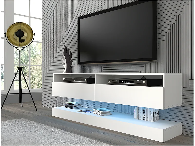 Meuble TV DUO 160 cm suspendu blanc mat sideboeard avec étagère