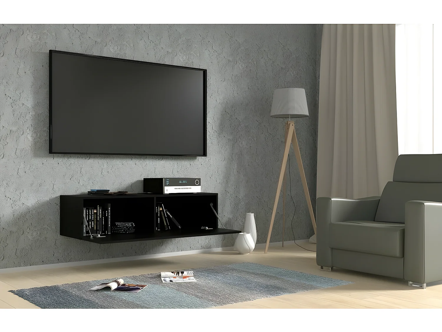 Meuble TV Mural Noir mat 120x40x3 0cm Bingo meuble Hi-fi sideboeard commode à suspendre