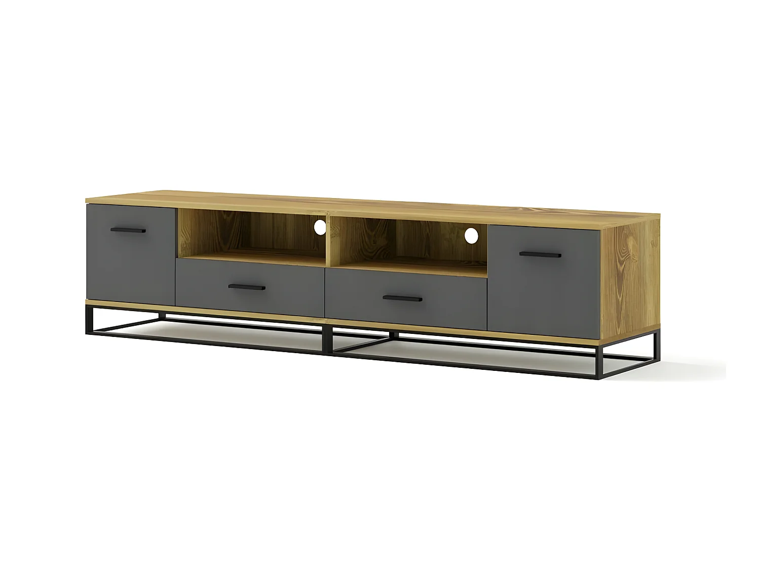 Meuble TV Graphite /chêne 190 cm ARSEN meuble Hi-fi sideboeard commode à poser pieds et poignées noir
