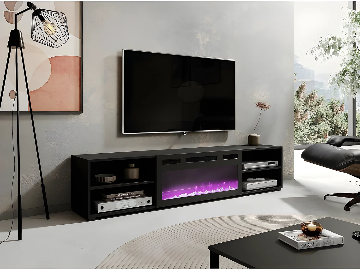 Meuble TV 180x39x33 cm noir mat ROLLI avec cheminée intégrée noir meuble Hi-fi à susprendre ou á poser