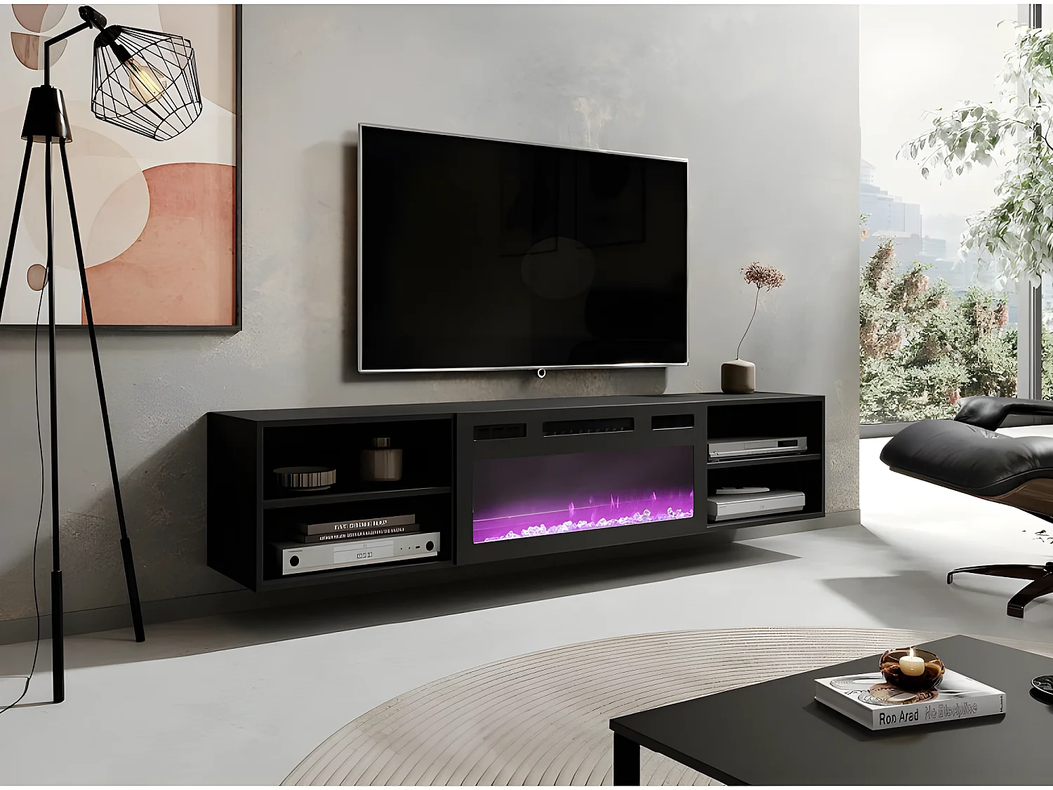 Meuble TV 180x39x33 cm noir mat ROLLI avec cheminée intégrée noir meuble Hi-fi à susprendre ou á poser