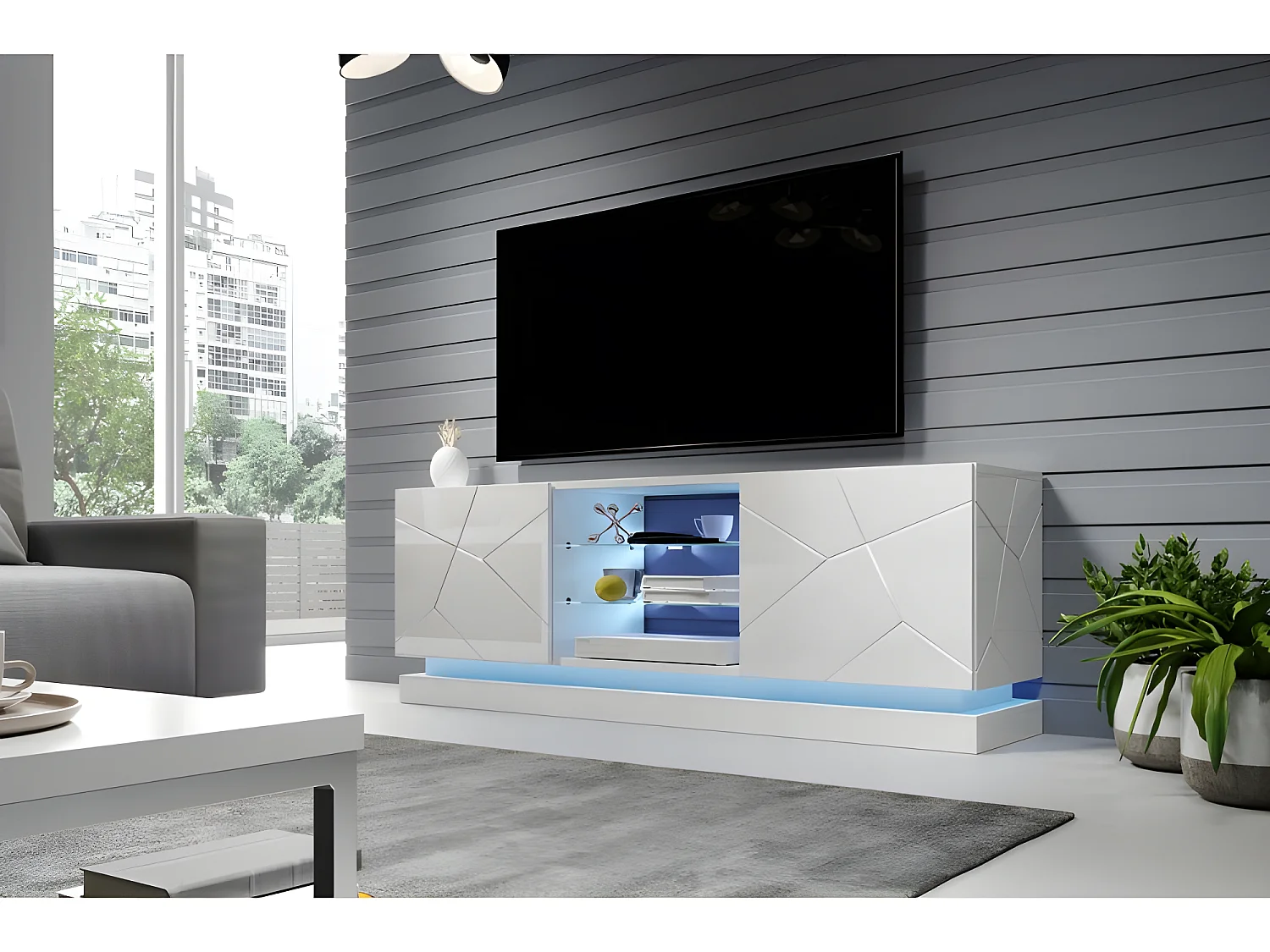 Meuble TV Blanc brillant 160x57x42cm QUEEN meuble Hi-fi luxueux sideboeard commode sur pied