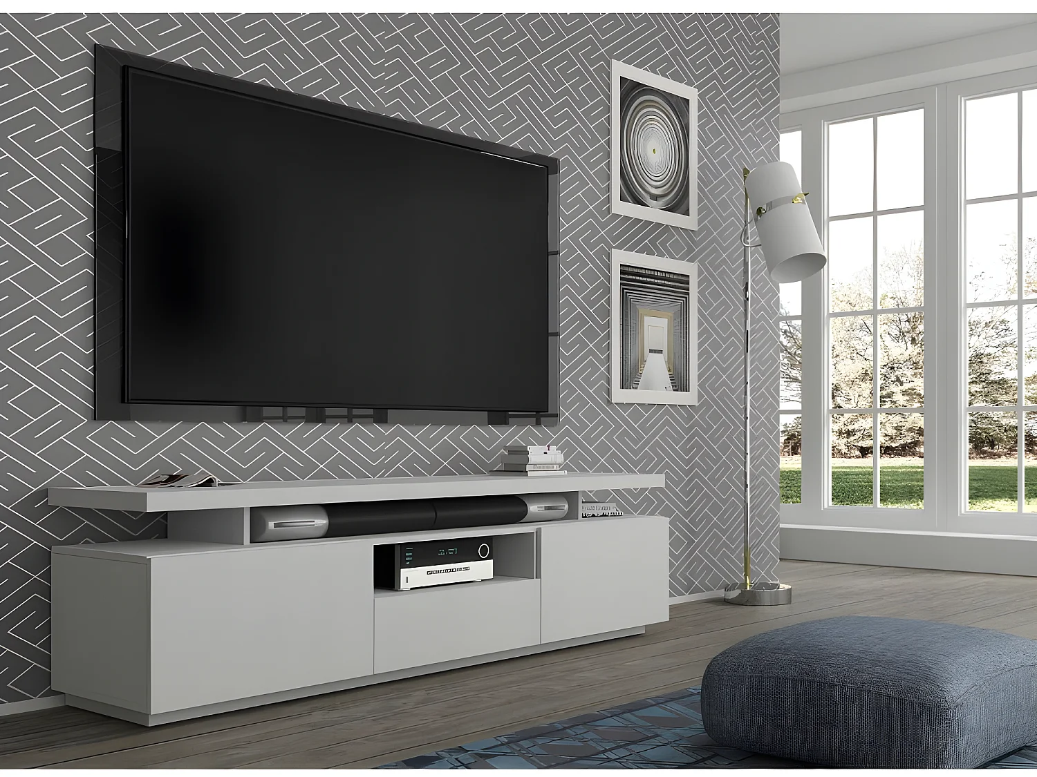 Meuble TV bas universel 180x42x51cm Armoire Hi-fi ADAM couleur blanc mat sur pied