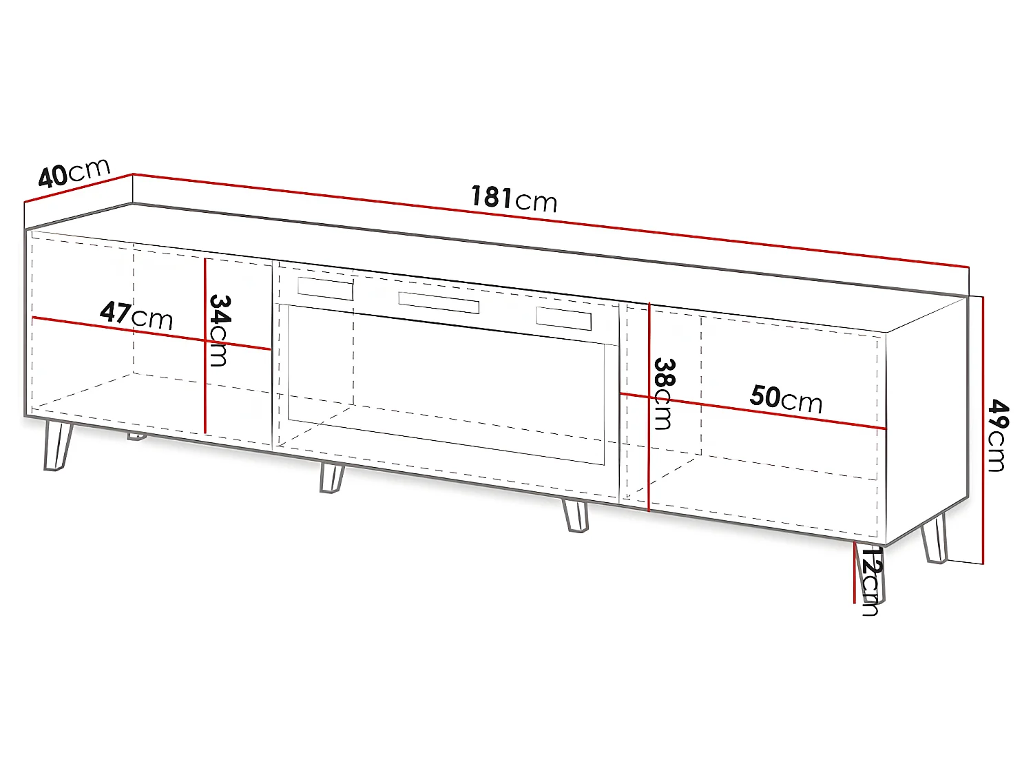 Meuble TV Noir 180x49x40cm Avec Cheminée chauffante intégrée PALACE sur pieds