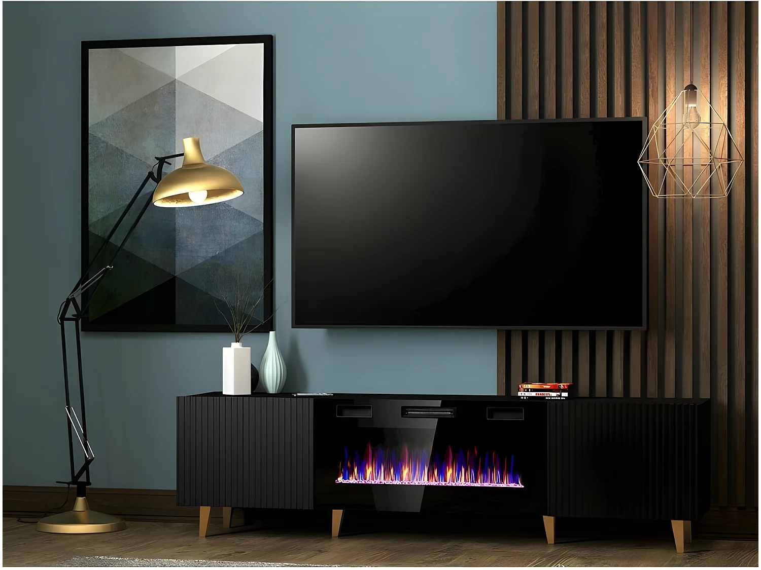 Meuble TV Noir 180x49x40cm Avec Cheminée chauffante intégrée PALACE sur pieds