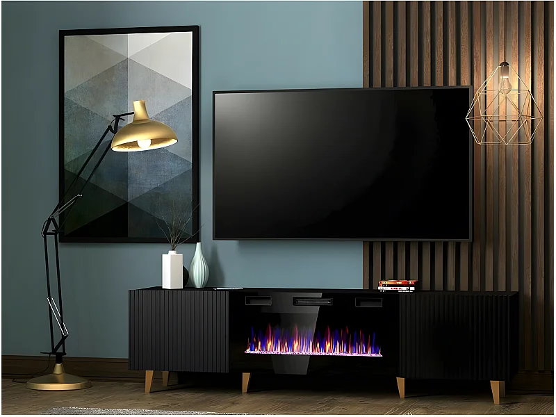 Meuble TV Noir 180x49x40cm Avec Cheminée chauffante intégrée PALACE sur pieds