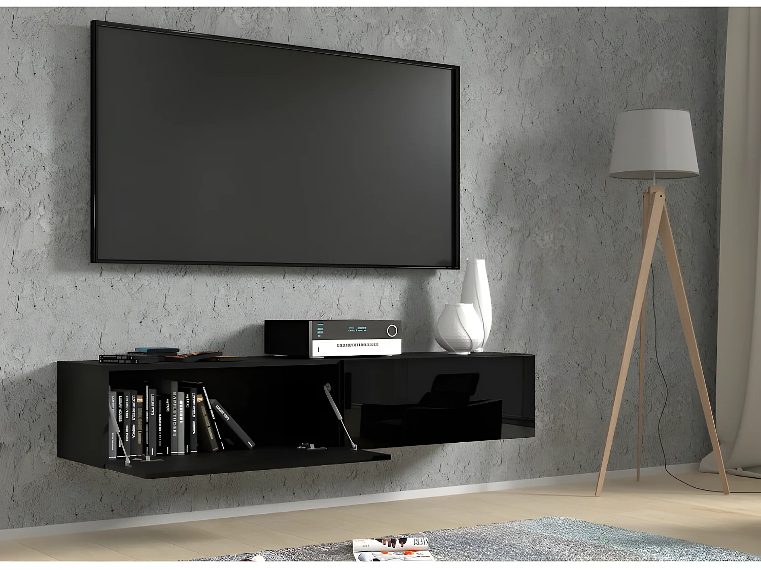 Meuble TV Mural Noir brillant 160x40x30cm Bingo meuble Hi-fi sideboeard commode à suspendre