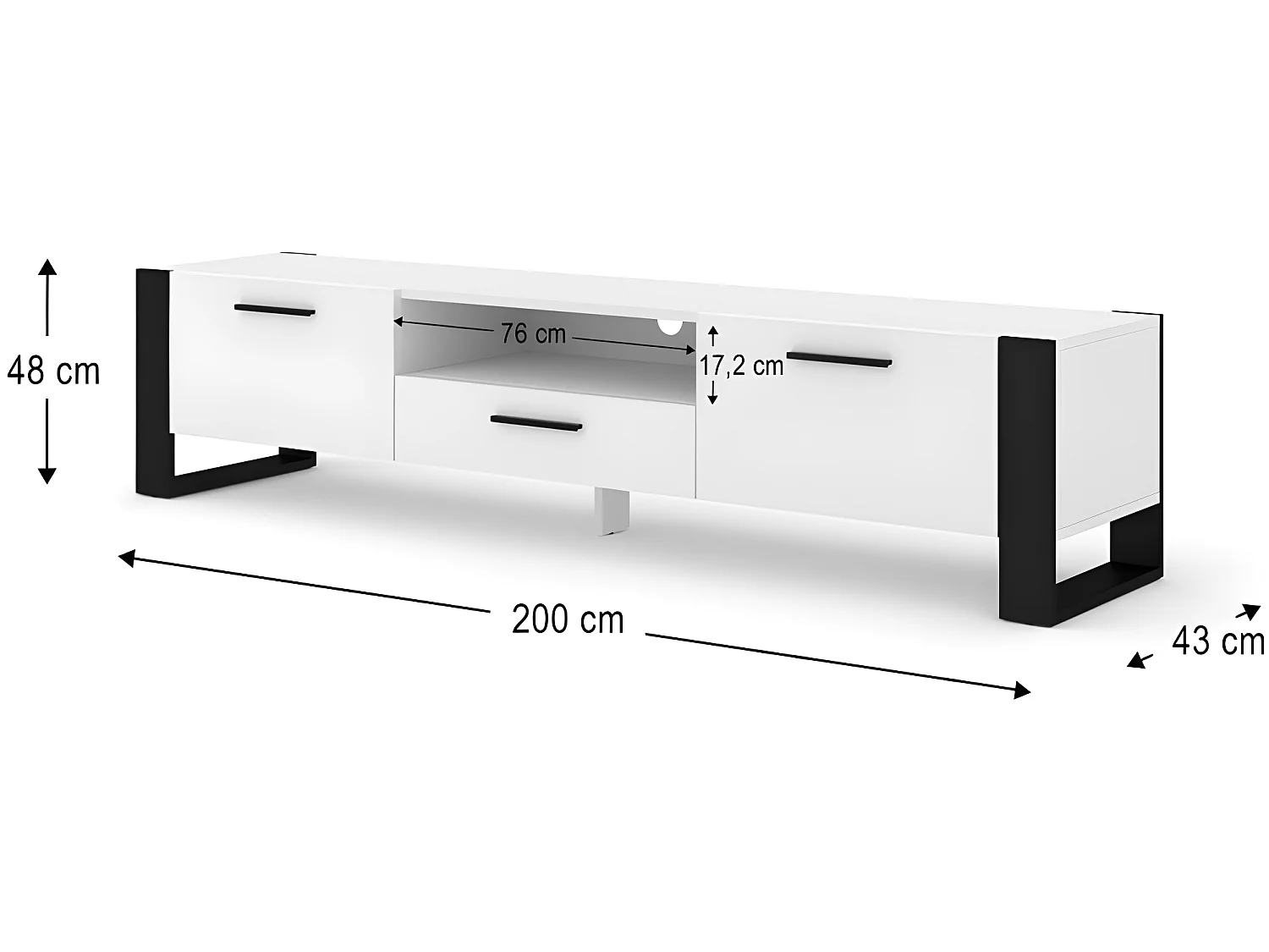 Meuble TV Nuka 200 cm meuble Hi-fi sideboeard Blanc mat jambes noires et poignées