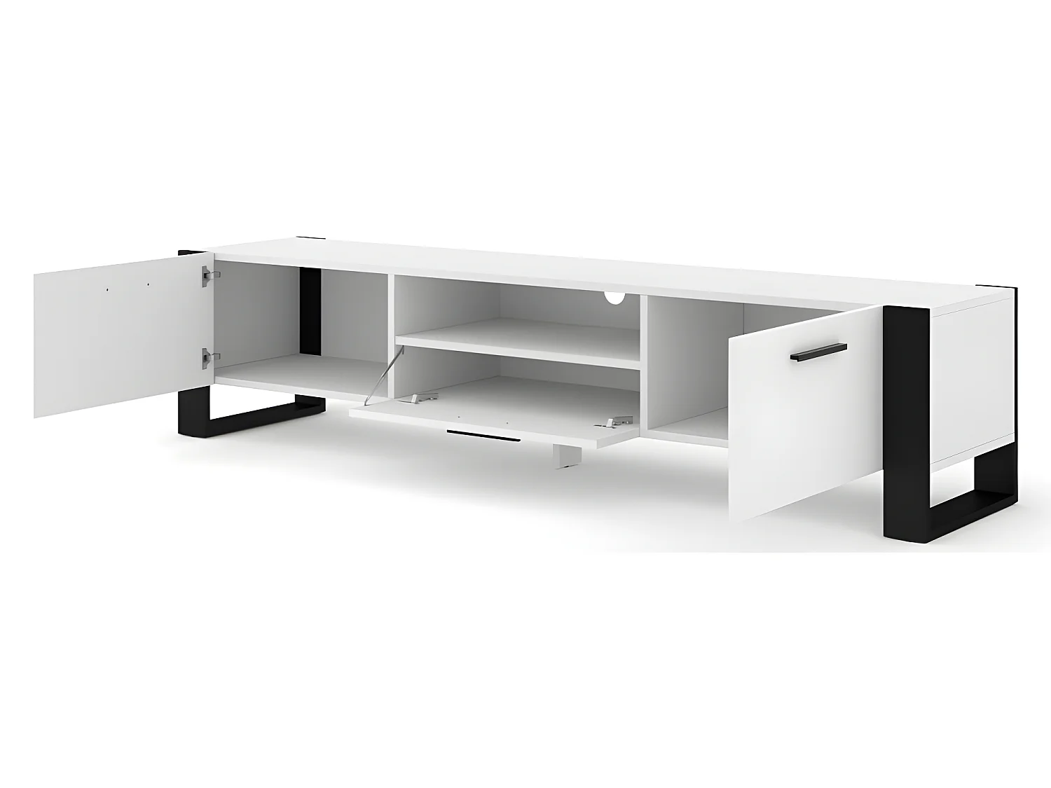 Meuble TV Nuka 200 cm meuble Hi-fi sideboeard Blanc mat jambes noires et poignées